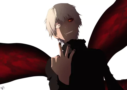 HD PC desktop wallpaper featuring Ken Kaneki from the anime Tokyo Ghoul, with his white hair and red eye set against a white background and dark red kagune wings.