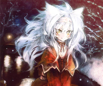 An anime character with nekomimi, long white hair, yellow eyes, and a tail, smiles while wearing a kimono. The HD desktop wallpaper displays a magical night scene in the background.