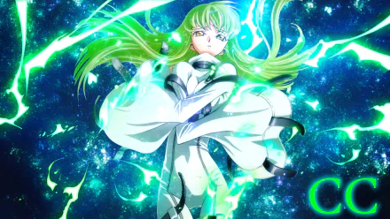 HD anime desktop wallpaper featuring C.C. from Code Geass with glowing green and blue energy effects in a dynamic pose against a cosmic background.