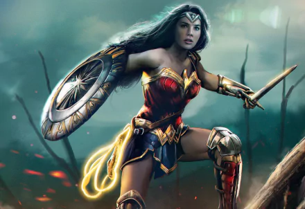 Diana Prince as Wonder Woman, wielding a sword and shield in a dynamic pose, set against a dramatic background. HD desktop wallpaper from a DC Comics movie.