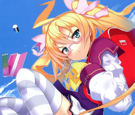 pencil glasses blush bag bow (Clothing) twintails blonde long hair Anime Original HD Desktop Wallpaper | Background Image