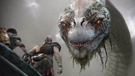 Kratos and a young companion face a colossal sea monster in this HD desktop wallpaper from the video game God of War (2018).