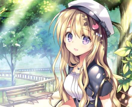 Anime-style HD desktop wallpaper featuring a long-haired girl with purple eyes, brown hair, a blush, smile, wearing a hat adorned with a bow, set in a serene outdoor background.