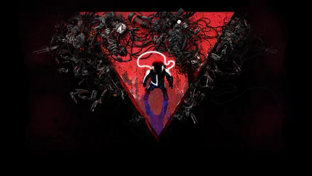 HD desktop wallpaper of Nex Machina featuring a character silhouette within a vibrant red triangular design against a dark, chaotic background.
