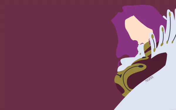 Minimalist 4K Ultra HD desktop wallpaper featuring an abstract portrayal of an anime character from Code Geass with purple hair and detailed armor against a solid maroon background.