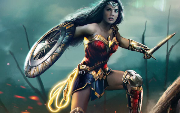 Diana Prince as Wonder Woman, wielding a sword and shield in a dynamic pose, set against a dramatic background. HD desktop wallpaper from a DC Comics movie.