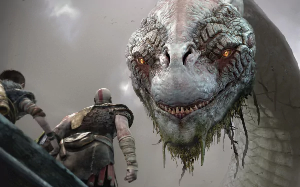 Kratos and a young companion face a colossal sea monster in this HD desktop wallpaper from the video game God of War (2018).