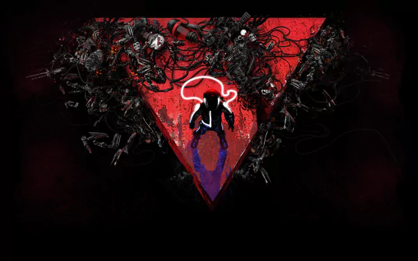 HD desktop wallpaper of Nex Machina featuring a character silhouette within a vibrant red triangular design against a dark, chaotic background.