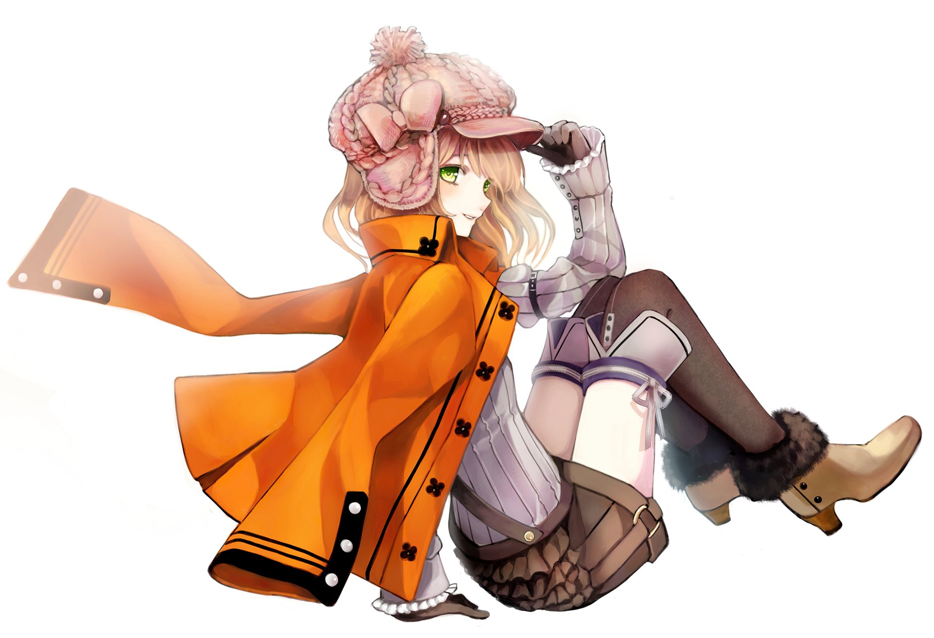 Download Blush Blonde Green Eyes Smile Coat Hat Anime Original HD Wallpaper by Yuuki Rika