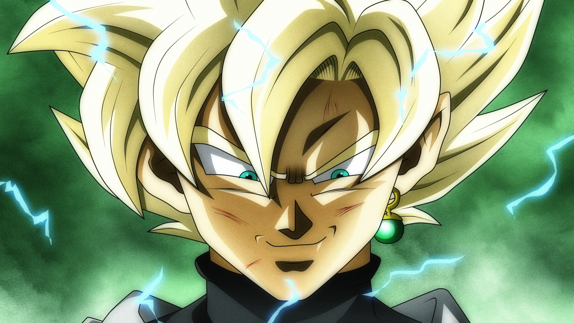 HD desktop wallpaper of Black Goku from Dragon Ball Super, featuring intense expression, glowing eyes, and electric energy surrounding his golden hair.