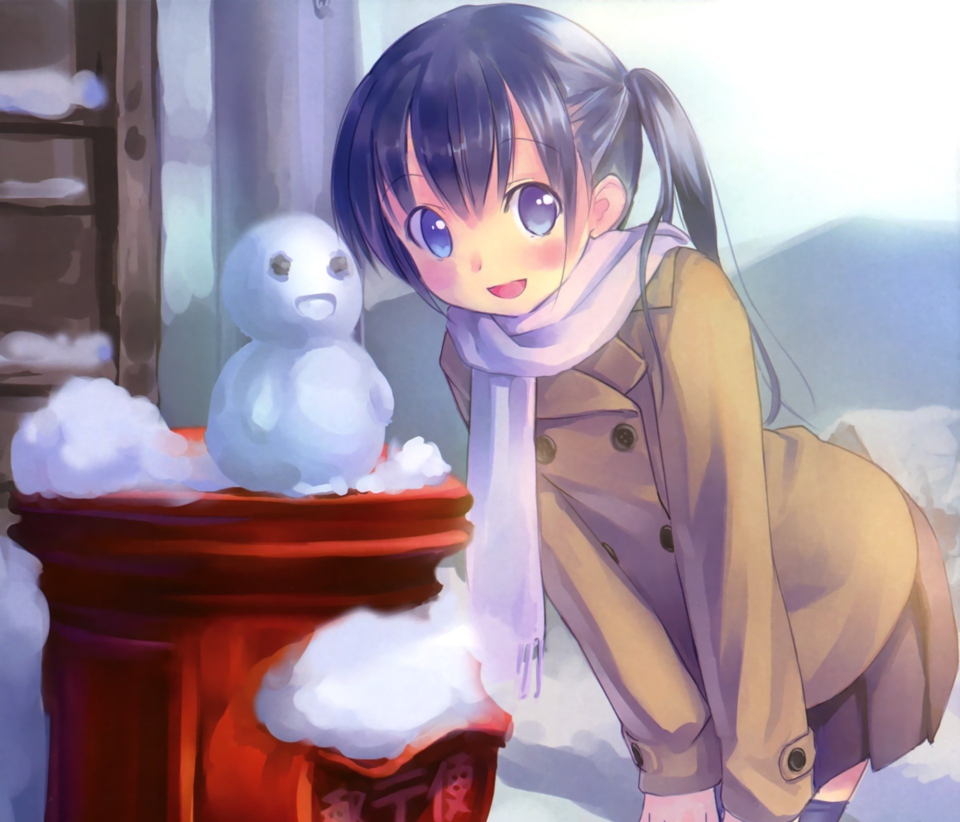 Original HD anime wallpaper: smiling, blushing girl with long black twintails in a coat and scarf leans beside a small snowman in the snow.
