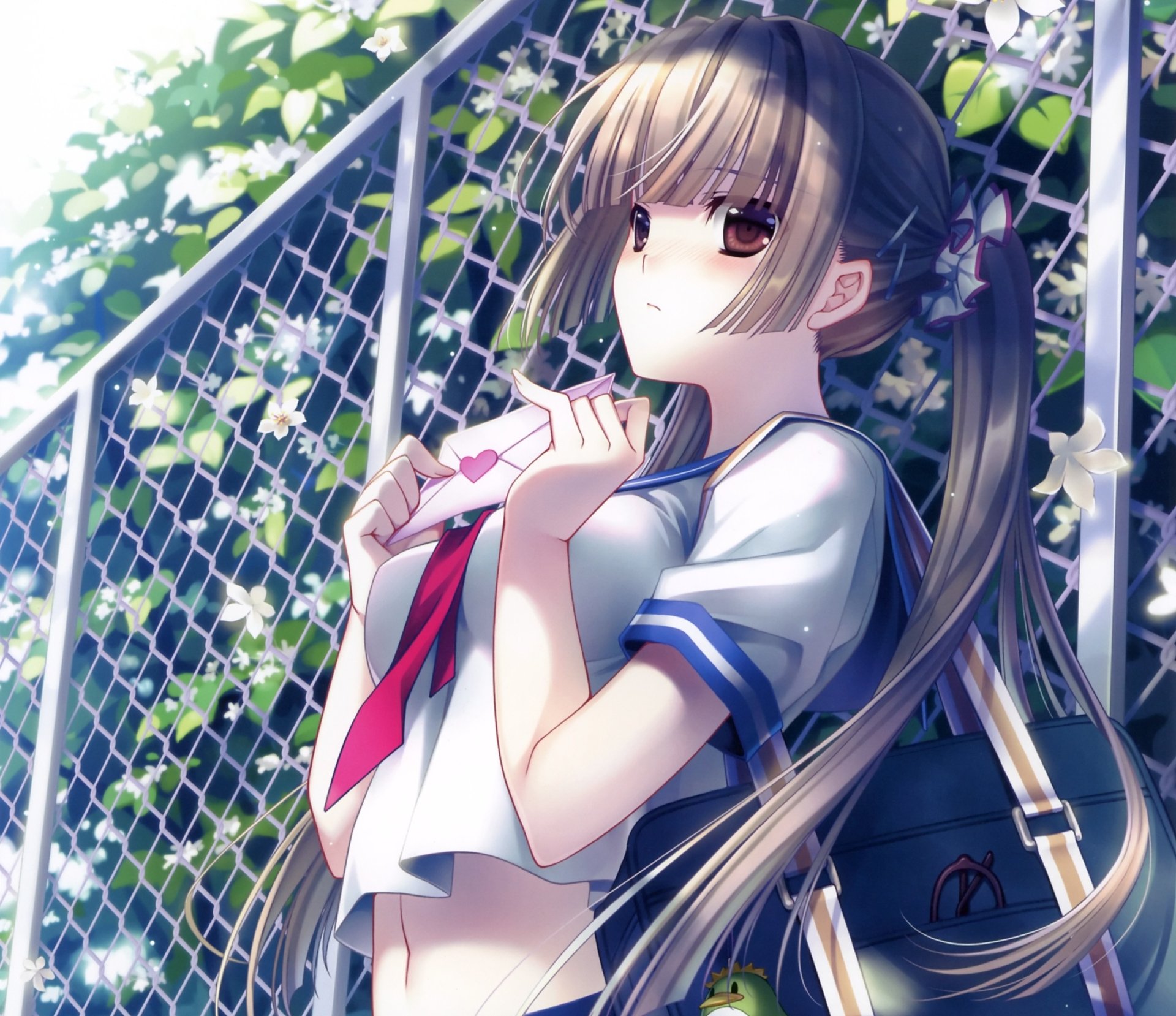 Anime-style girl with long brown hair in a ponytail, brown eyes, and a blush, holding a letter and bag, standing by a flower-covered fence in this HD PC desktop wallpaper.