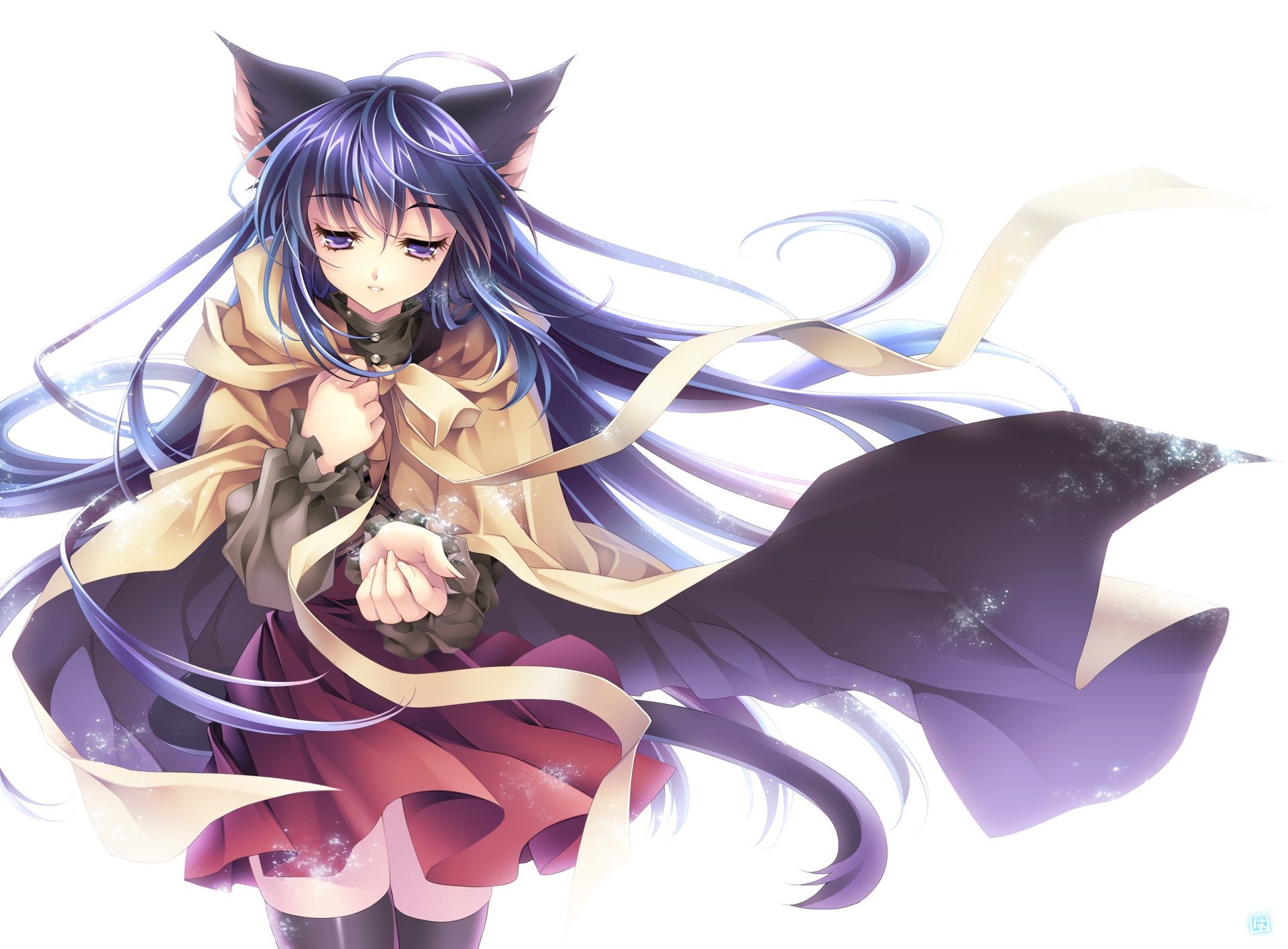 Anime-style HD desktop wallpaper featuring an original character with long blue hair, purple eyes, tears, and a bow, dressed in a flowing cloak against a white background.
