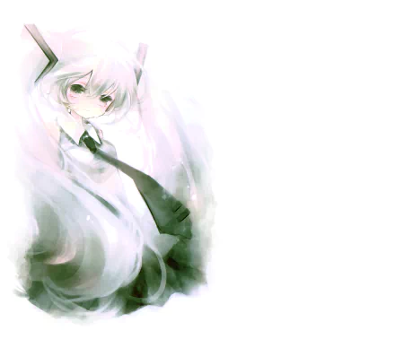 Ethereal anime portrait of Hatsune Miku (Vocaloid) with flowing mint hair, black tie, and soft green-white palette — 5K Ultra HD PC desktop wallpaper/background.