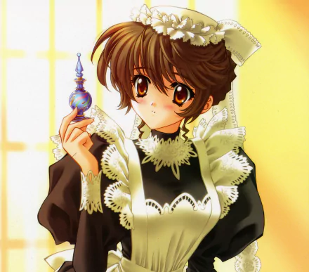 brown hair blush short hair bottle apron maid Anime Original HD Desktop Wallpaper | Background Image