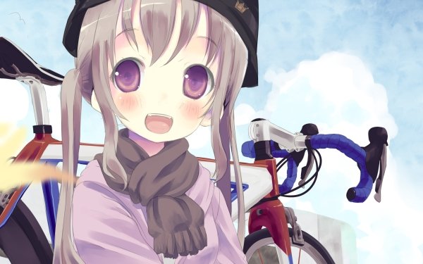Anime Original Twintails Brown Hair Hat Bike Scarf Purple Eyes Blush HD Wallpaper | Background Image