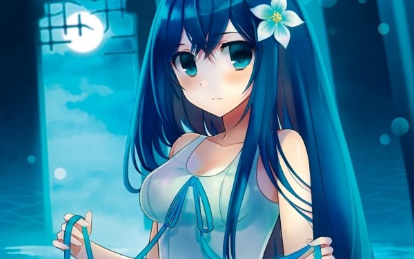 Anime Original Long Hair Swimsuit Blue Hair Blue Eyes Flower Moon bow Blush HD Wallpaper | Background Image