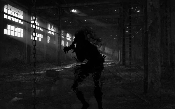 A dark, black anime ghost figure from Ajin: Demi-Human stands in an abandoned building, rendered in striking black and white for a dramatic HD desktop wallpaper.