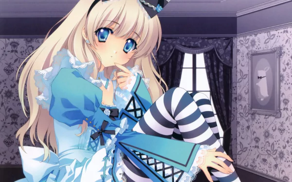 Anime-style Alice (Alice in Wonderland) in a blue dress with striped stockings, sitting in a Victorian parlor — HD PC desktop wallpaper/background.