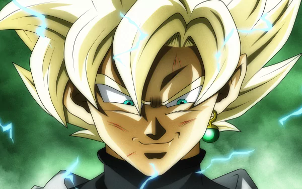 HD desktop wallpaper of Black Goku from Dragon Ball Super, featuring intense expression, glowing eyes, and electric energy surrounding his golden hair.