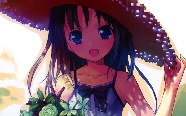 Anime Original Hat Flower bow Blue Eyes Long Hair Black Hair Smile HD Wallpaper | Background Image
