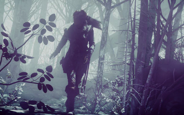 Lara Croft from Rise of the Tomb Raider moves stealthily through a misty forest in this 4K Ultra HD video game desktop wallpaper.
