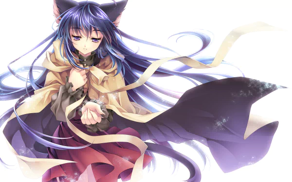 Anime-style HD desktop wallpaper featuring an original character with long blue hair, purple eyes, tears, and a bow, dressed in a flowing cloak against a white background.