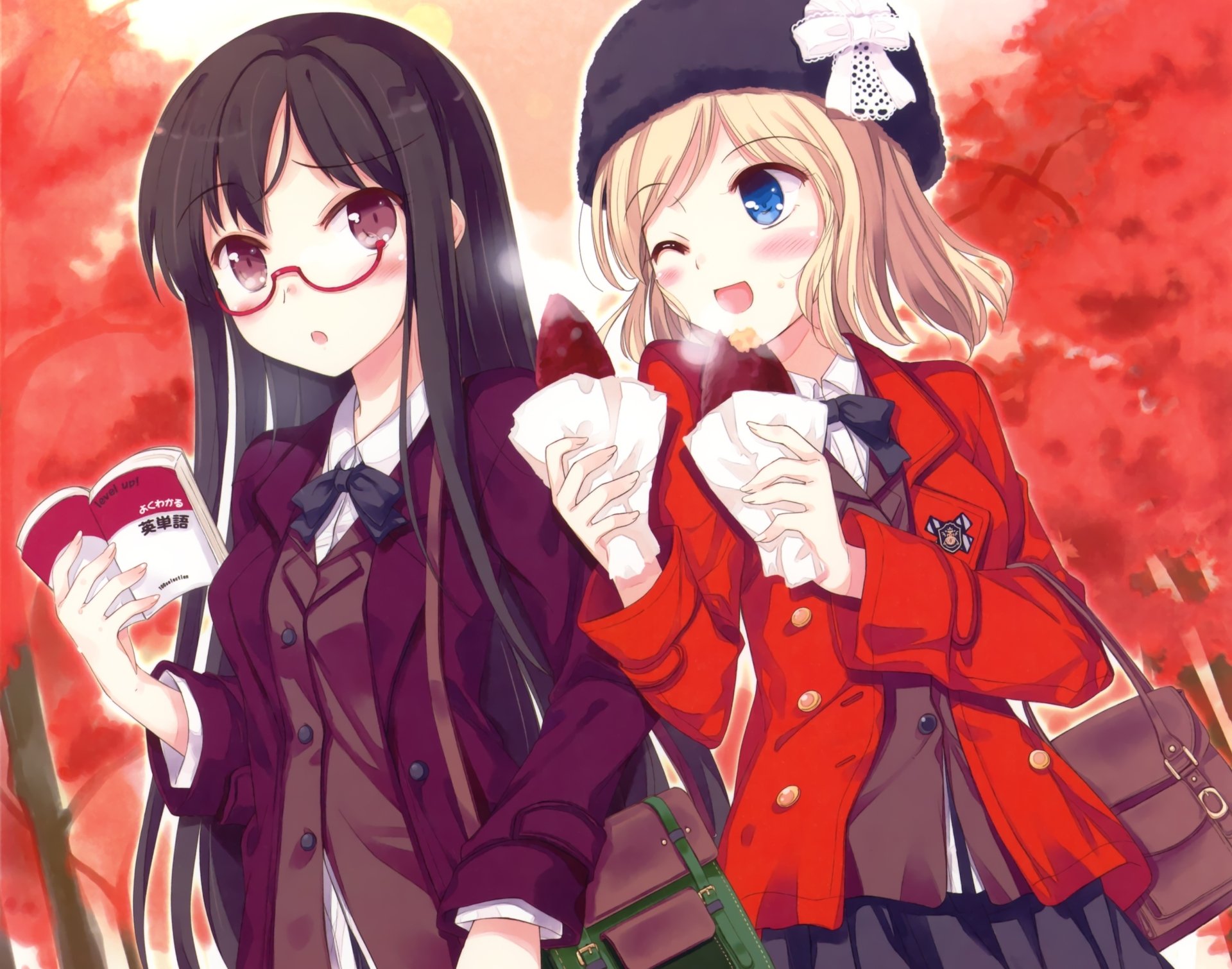 Download Blush Bow (Clothing) Bag Book Brown Eyes Blue Eyes Wink Smile Short Hair Blonde Brown Hair Hat Long Hair Anime Original HD Wallpaper by Ko~cha