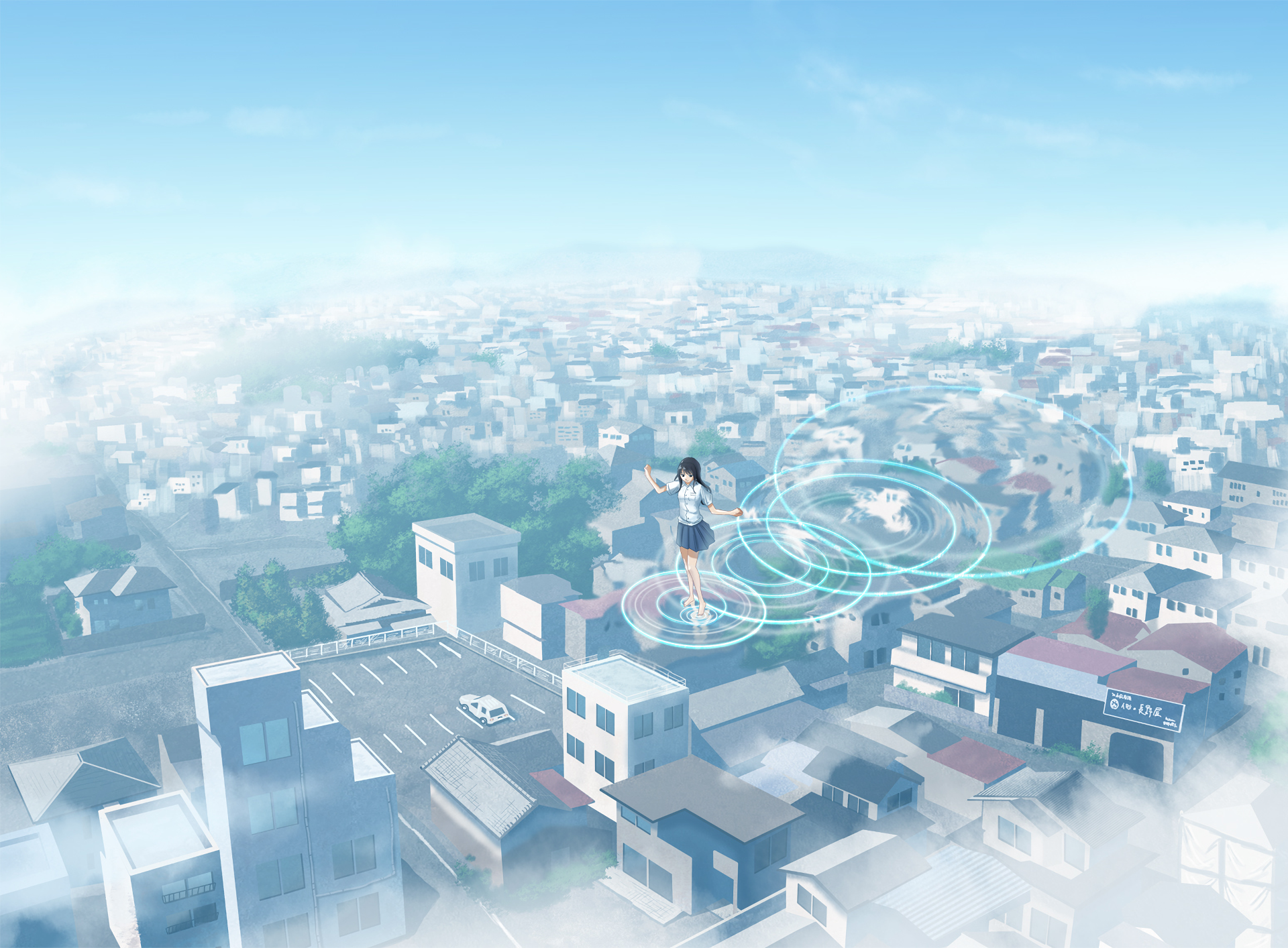 HD anime wallpaper featuring a vibrant cityscape with a girl performing magic or spells above the rooftops. Original artwork in a bright and airy setting, blending urban scenery with a mystical touch.