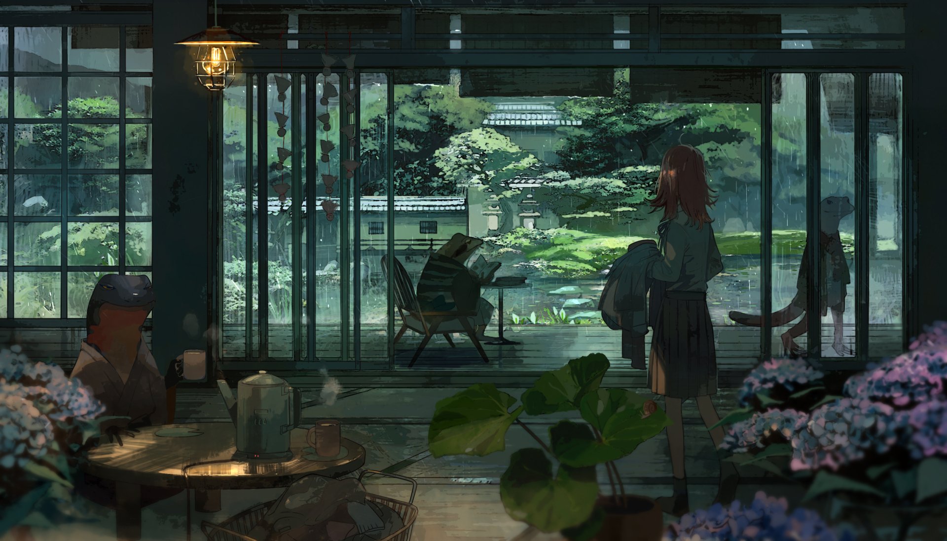 Anime-style original HD desktop wallpaper featuring a serene indoor café scene with large windows overlooking lush greenery and blooming flowers.