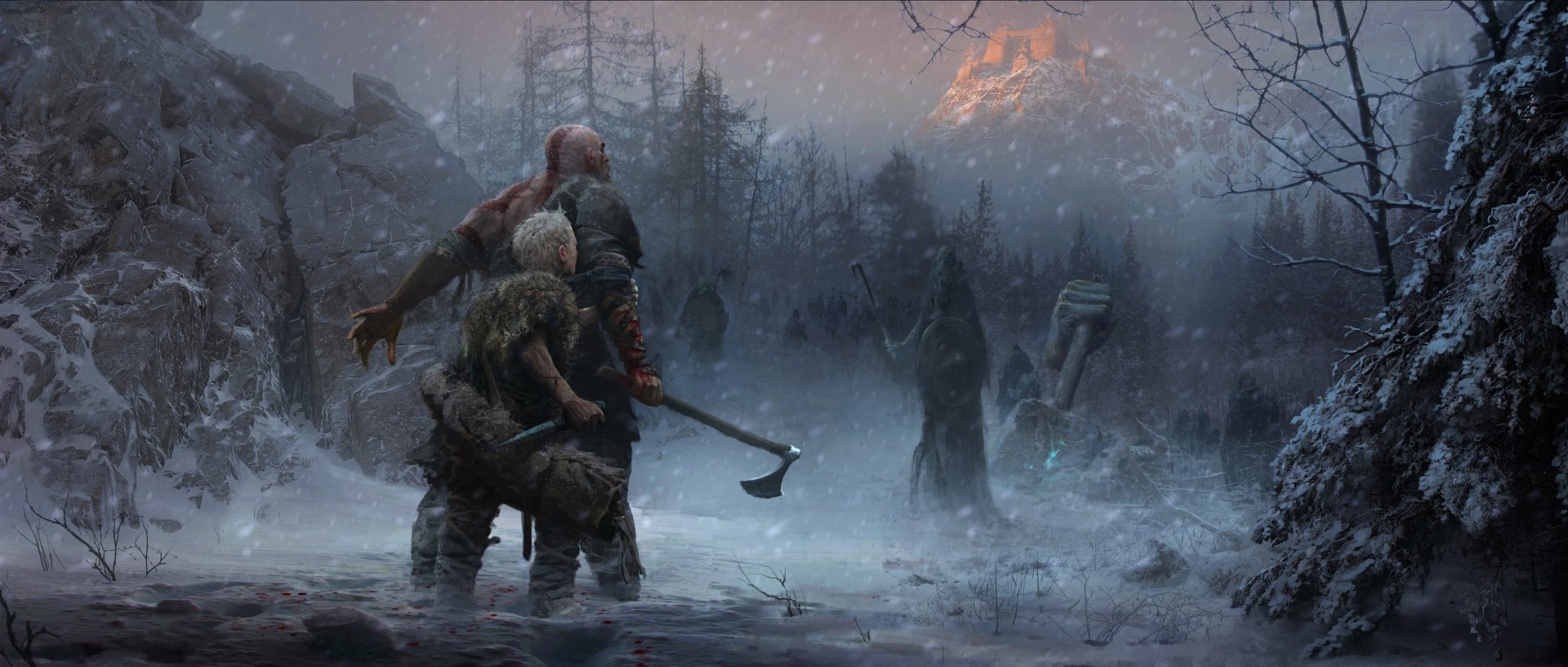 HD desktop wallpaper featuring Kratos and Atreus from God of War (2018) facing an undead warrior in a snowy, mystical forest.