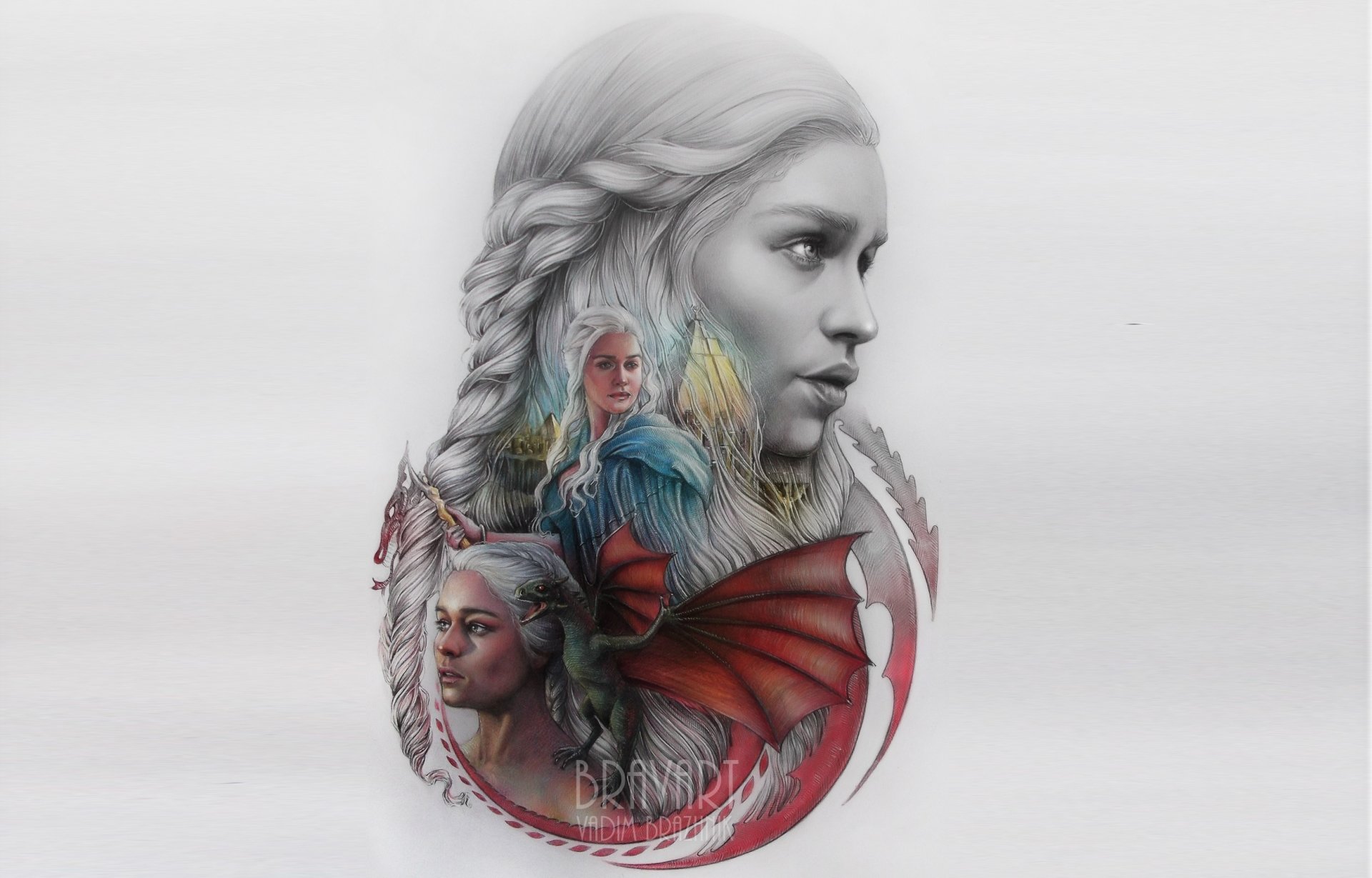 HD PC desktop wallpaper featuring Daenerys Targaryen from the TV show Game of Thrones, showcasing multiple portraits with her iconic dragon imagery.