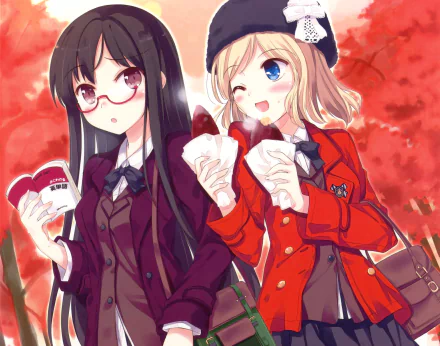 blush bow (Clothing) bag book brown eyes blue eyes wink smile short hair blonde brown hair hat long hair Anime Original HD Desktop Wallpaper | Background Image