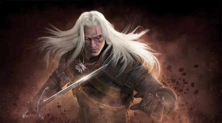 Geralt of Rivia from The Witcher 3: Wild Hunt, with yellow eyes, white hair, and a sword, in an action pose. This HD desktop wallpaper and background captures the iconic warrior in striking detail.