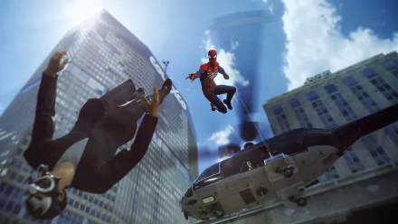 HD desktop wallpaper from Spider-Man (PS4) video game showing Spider-Man in mid-air combat with an enemy near a helicopter between skyscrapers on a bright, sunny day.