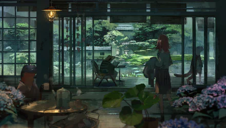 Anime-style original HD desktop wallpaper featuring a serene indoor café scene with large windows overlooking lush greenery and blooming flowers.