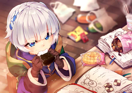 HD anime wallpaper featuring a character from Re:Creators with white hair and blue eyes, enjoying a snack among books and snacks on a cluttered desk background.