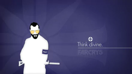 8K Ultra HD PC wallpaper featuring Joseph Seed from Far Cry 5 with a minimalist design and the phrase Think divine. on a purple background.