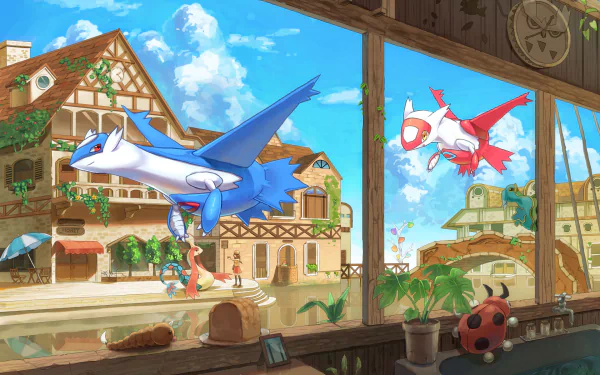 HD wallpaper featuring Anime-styled Milotic, Ledyba, Latios, and Latias in a picturesque town setting with a bright blue sky. The Pokémon are seen enjoying the charming, scenic backdrop from inside a cozy room.