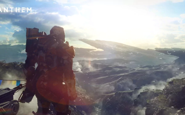 HD PC desktop wallpaper featuring a sci-fi scene from the video game Anthem, showcasing a futuristic armored figure overlooking a vast, misty landscape at sunrise.