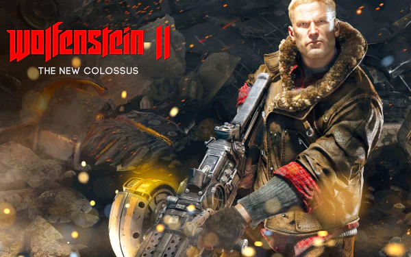 B.J. Blazkowicz from Wolfenstein II: The New Colossus is featured in this dynamic 4K Ultra HD PC desktop wallpaper.