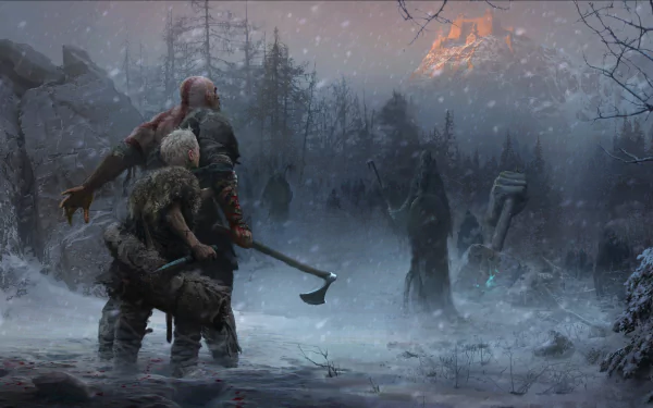 HD desktop wallpaper featuring Kratos and Atreus from God of War (2018) facing an undead warrior in a snowy, mystical forest.