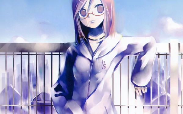 Anime-style original character with short pink hair, brown eyes, and glasses, casually smoking a cigarette against a soft, bright outdoor background.