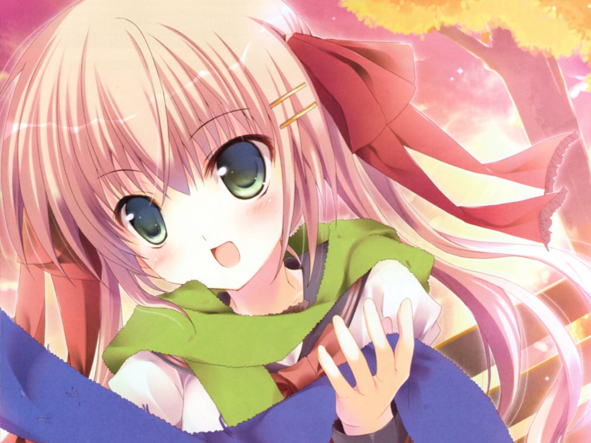 Download Blonde Bow (Clothing) Green Eyes Blush Scarf Smile Long Hair Anime Original 4k Ultra HD Wallpaper by Mizusawa Mimori