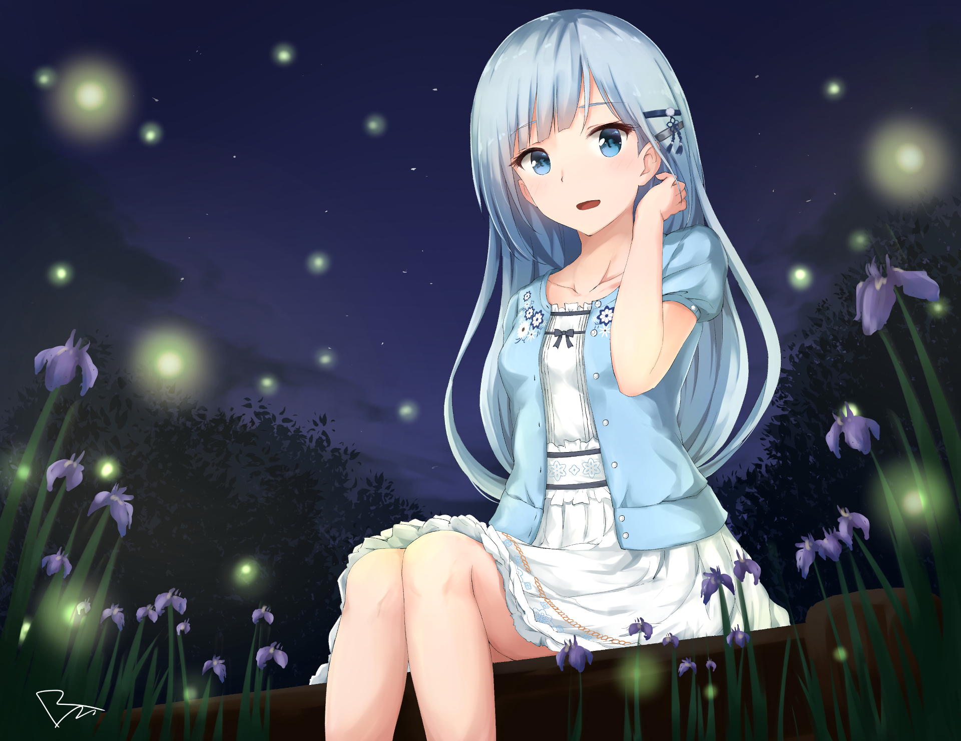 HD PC desktop wallpaper featuring Tsumugi Shiraishi from THE iDOLM@STER: Million Live! in an anime style, sitting among flowers under a starry night sky.