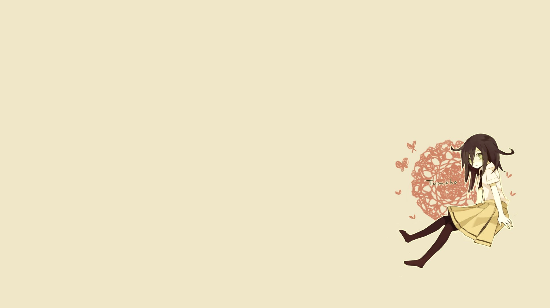 HD desktop wallpaper featuring Tomoko Kuroki from the anime Watamote, set against a minimalist beige background with floral and butterfly accents.