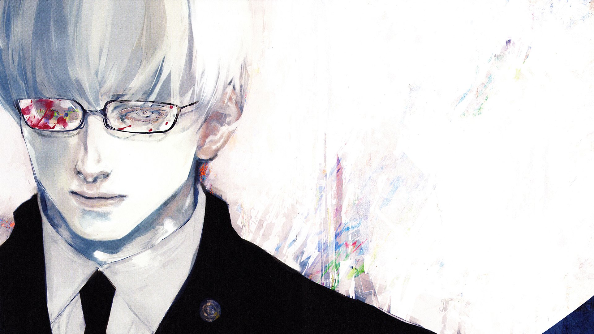 HD desktop wallpaper featuring Kishou Arima from Tokyo Ghoul:re and Tokyo Ghoul √A. Kishou Arima is depicted with white hair, white eyes, glasses, and traces of blood, set against a light background.