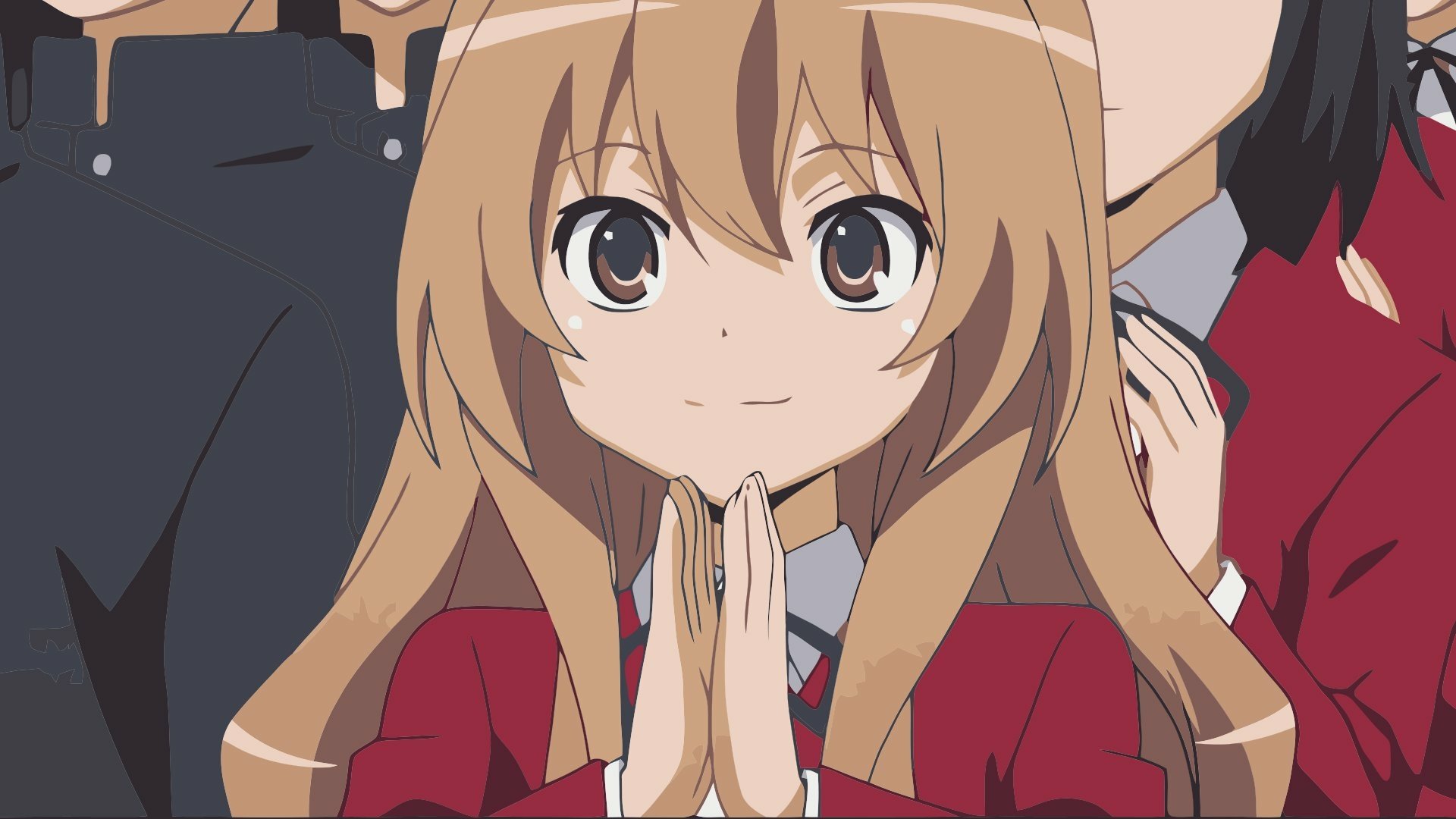 HD PC desktop wallpaper featuring Taiga Aisaka from the anime Toradora! in her school uniform, smiling with hands clasped in front of her.