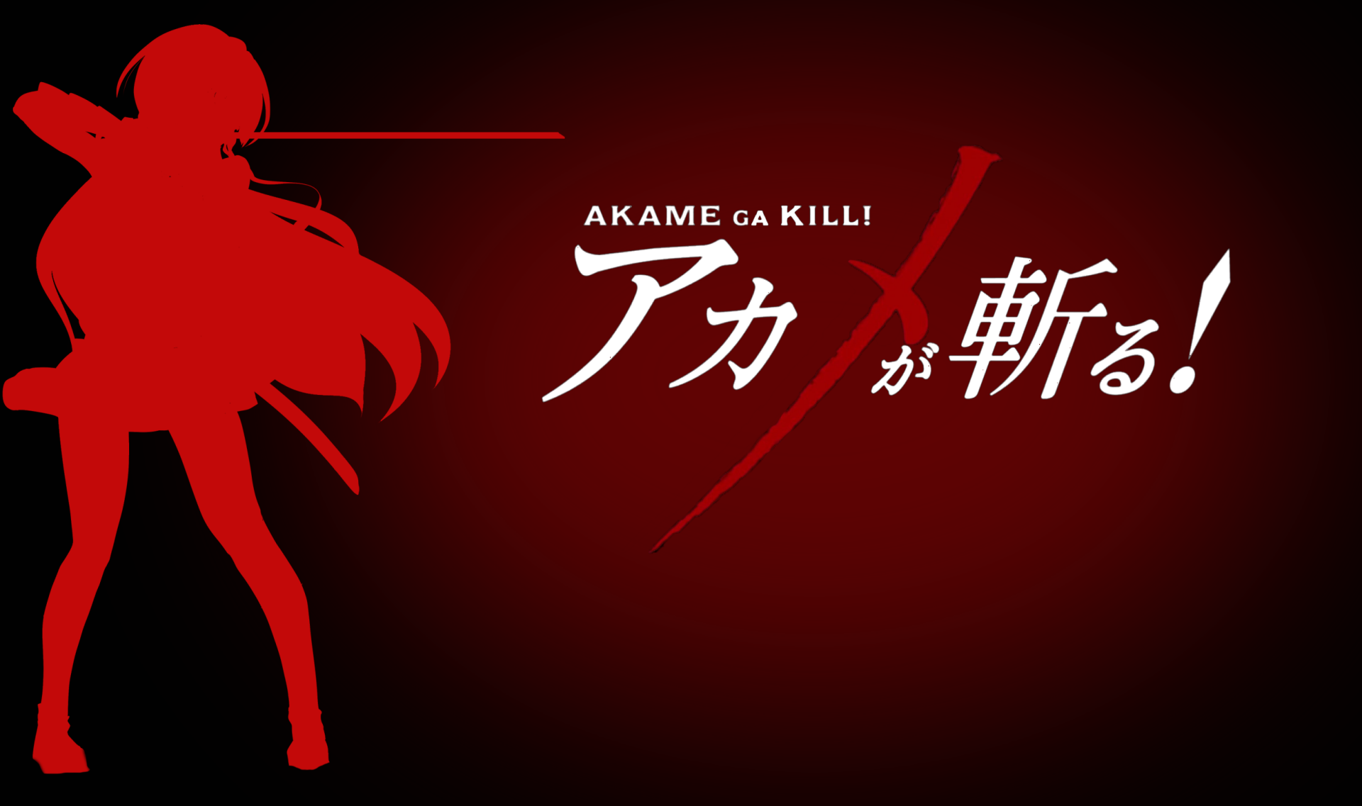 HD PC desktop wallpaper featuring a red silhouette of an Akame ga Kill! anime character with the series title in bold white and red text on a dark background.