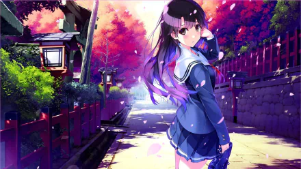 HD desktop wallpaper featuring Megumi Katō from the anime Saekano: How to Raise a Boring Girlfriend, standing in a picturesque, sunlit path with autumn colors and falling cherry blossoms.